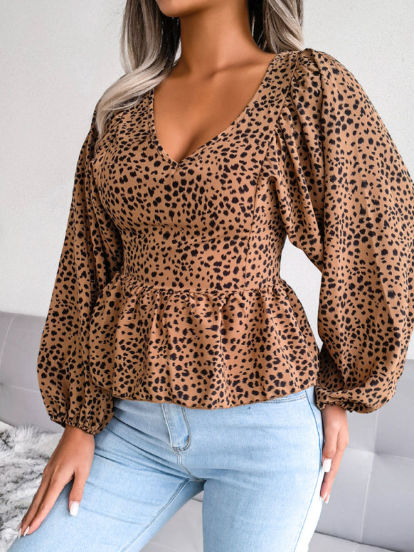 Women's Lantern long sleeve casual leopard Chiffon Shirt Top