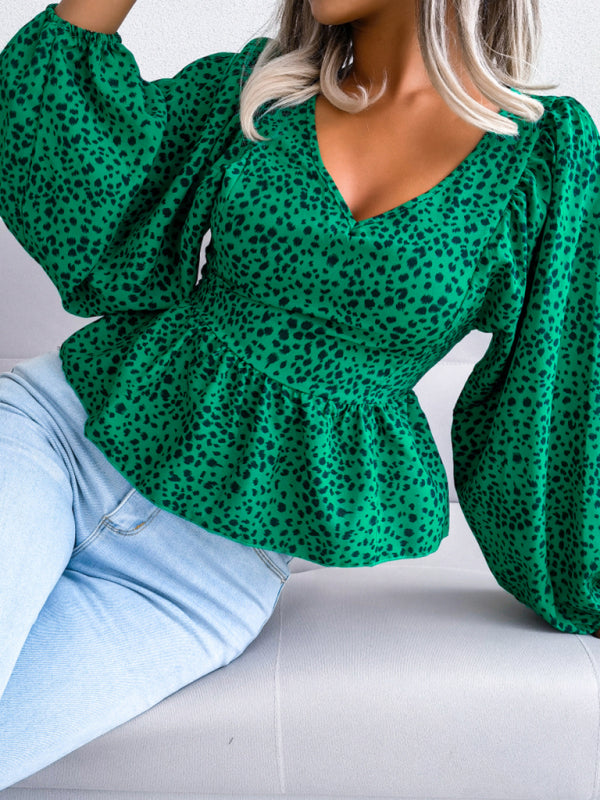 Women's Lantern long sleeve casual leopard Chiffon Shirt Top