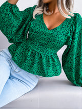 Women's Lantern long sleeve casual leopard Chiffon Shirt Top