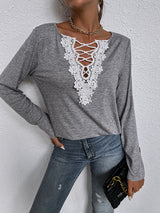 Woman'S Autumn Loose Long Sleeve Top V-Neck Pullover Solid Color Casual T-Shirt