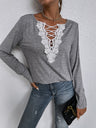 Woman'S Autumn Loose Long Sleeve Top V-Neck Pullover Solid Color Casual T-Shirt