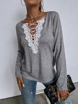 Woman'S Autumn Loose Long Sleeve Top V-Neck Pullover Solid Color Casual T-Shirt