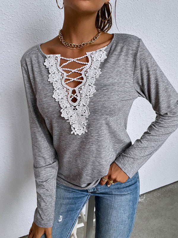Woman'S Autumn Loose Long Sleeve Top V-Neck Pullover Solid Color Casual T-Shirt