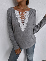 Woman'S Autumn Loose Long Sleeve Top V-Neck Pullover Solid Color Casual T-Shirt