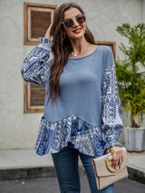 Woman'S' Autumn New Blue Mid-Length Round Neck Loose Long-Sleeved T-Shirt Irregular Top