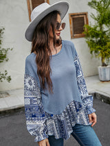 Woman'S' Autumn New Blue Mid-Length Round Neck Loose Long-Sleeved T-Shirt Irregular Top