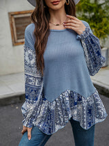 Woman'S' Autumn New Blue Mid-Length Round Neck Loose Long-Sleeved T-Shirt Irregular Top