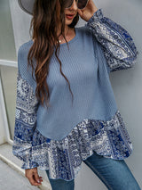 Woman'S' Autumn New Blue Mid-Length Round Neck Loose Long-Sleeved T-Shirt Irregular Top
