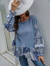 Woman'S' Autumn New Blue Mid-Length Round Neck Loose Long-Sleeved T-Shirt Irregular Top