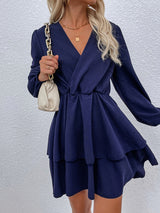 Women’s V Neckline Long Sleeve Wrap Layered Minidress
