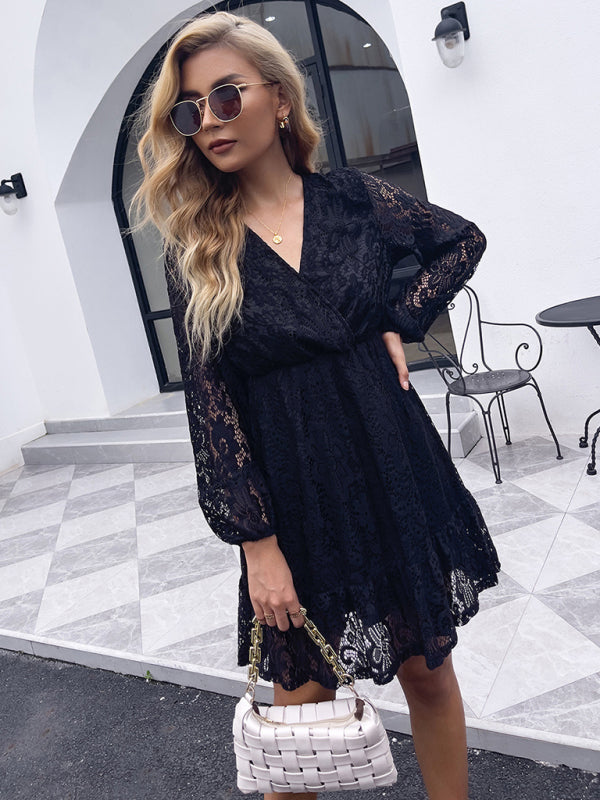 Women’s Lace Wrap V Neck Mini Dress With Layered Skirt And Long Sheer Sleeves
