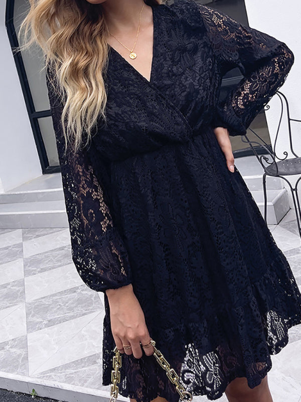 Women’s Lace Wrap V Neck Mini Dress With Layered Skirt And Long Sheer Sleeves