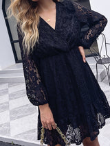 Women’s Lace Wrap V Neck Mini Dress With Layered Skirt And Long Sheer Sleeves