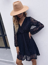 Women’s Lace Wrap V Neck Mini Dress With Layered Skirt And Long Sheer Sleeves