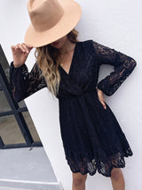 Women’s Lace Wrap V Neck Mini Dress With Layered Skirt And Long Sheer Sleeves