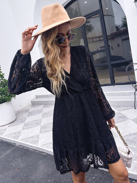Women’s Lace Wrap V Neck Mini Dress With Layered Skirt And Long Sheer Sleeves