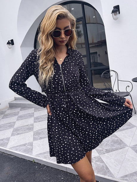 Woman'S Autumn Black Polka Dot Dress Lapel Casual Loose Long Sleeve Skirt