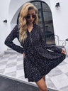 Woman'S Autumn Black Polka Dot Dress Lapel Casual Loose Long Sleeve Skirt