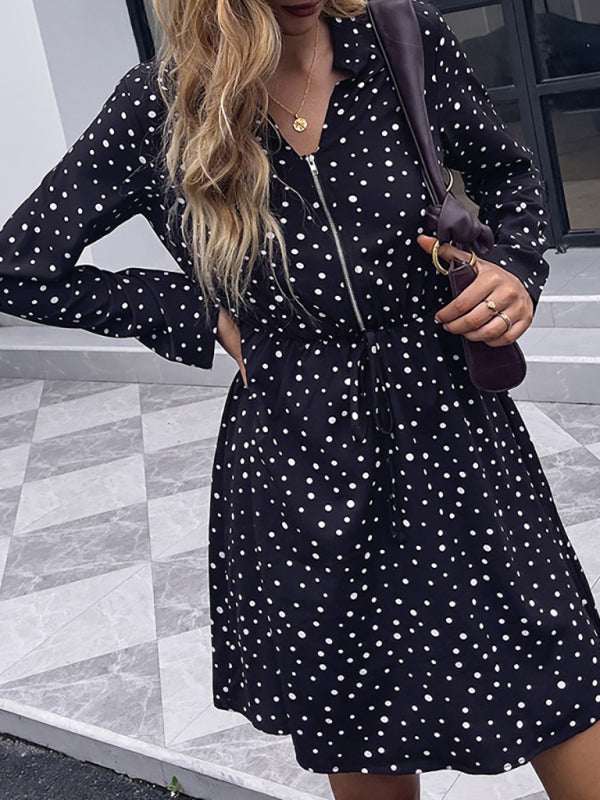 Woman'S Autumn Black Polka Dot Dress Lapel Casual Loose Long Sleeve Skirt