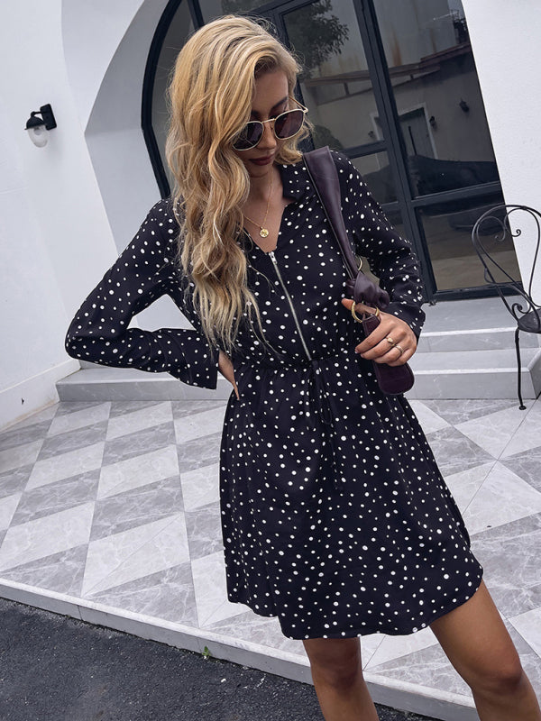 Woman'S Autumn Black Polka Dot Dress Lapel Casual Loose Long Sleeve Skirt