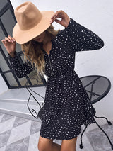 Woman'S Autumn Black Polka Dot Dress Lapel Casual Loose Long Sleeve Skirt