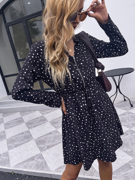 Woman'S Autumn Black Polka Dot Dress Lapel Casual Loose Long Sleeve Skirt