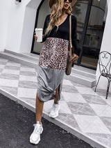 Women’s Color Block With Leopard Print Off Shoulder Long Sleeve Casual Dress