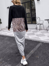 Women’s Color Block With Leopard Print Off Shoulder Long Sleeve Casual Dress