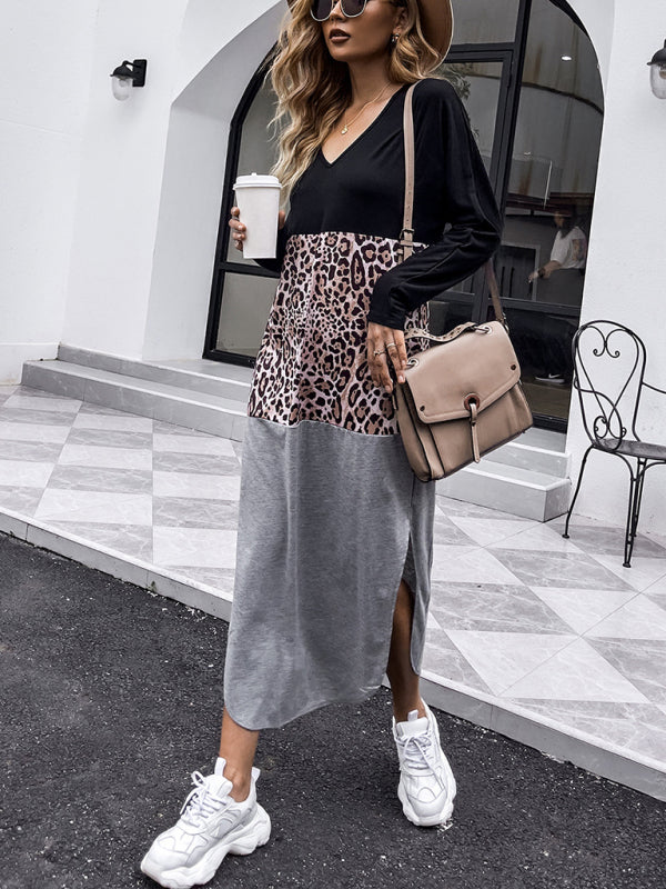 Women’s Color Block With Leopard Print Off Shoulder Long Sleeve Casual Dress