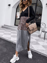 Women’s Color Block With Leopard Print Off Shoulder Long Sleeve Casual Dress