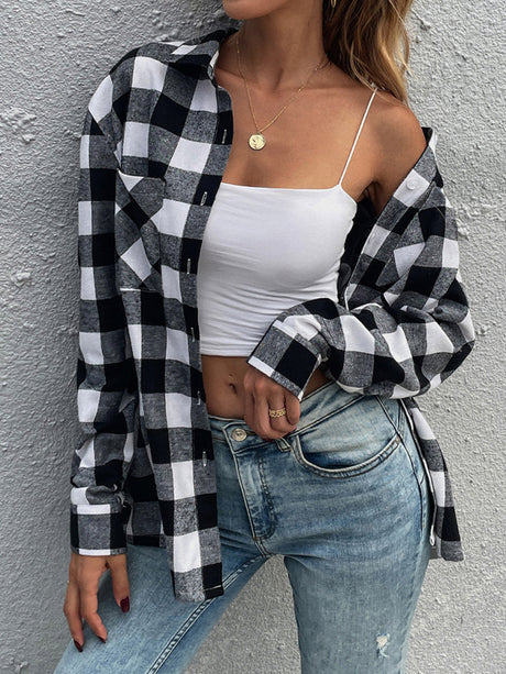 Woman'S Autumn New Black And White Plaid Shirt Lapel Long Sleeve Top Casual Shirt