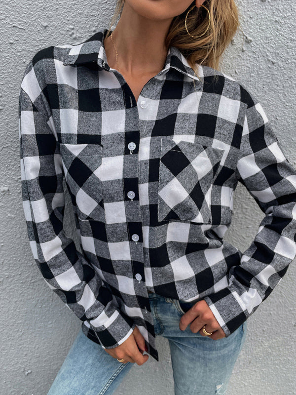 Woman'S Autumn New Black And White Plaid Shirt Lapel Long Sleeve Top Casual Shirt