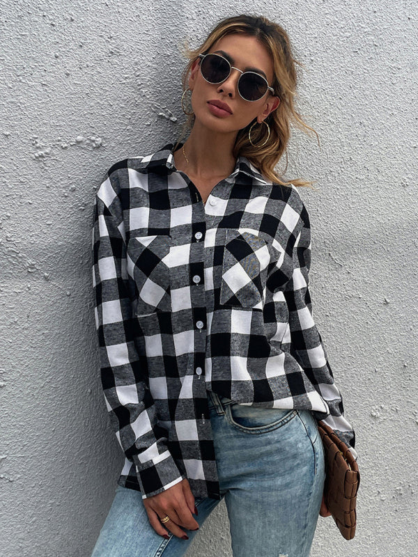 Woman'S Autumn New Black And White Plaid Shirt Lapel Long Sleeve Top Casual Shirt