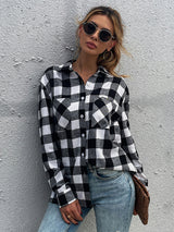 Woman'S Autumn New Black And White Plaid Shirt Lapel Long Sleeve Top Casual Shirt