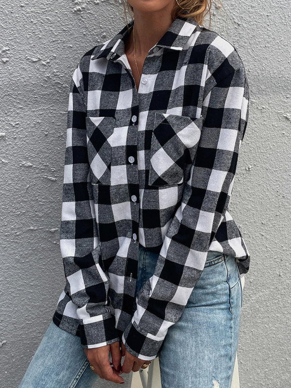 Woman'S Autumn New Black And White Plaid Shirt Lapel Long Sleeve Top Casual Shirt