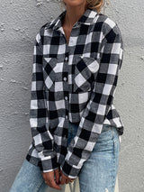 Woman'S Autumn New Black And White Plaid Shirt Lapel Long Sleeve Top Casual Shirt