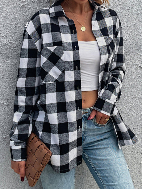 Woman'S Autumn New Black And White Plaid Shirt Lapel Long Sleeve Top Casual Shirt