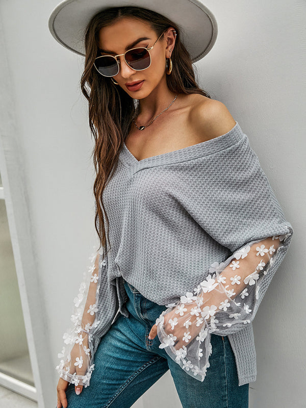 Woman'S Spring Loose Long Sleeve T-Shirt Lace Casual Top