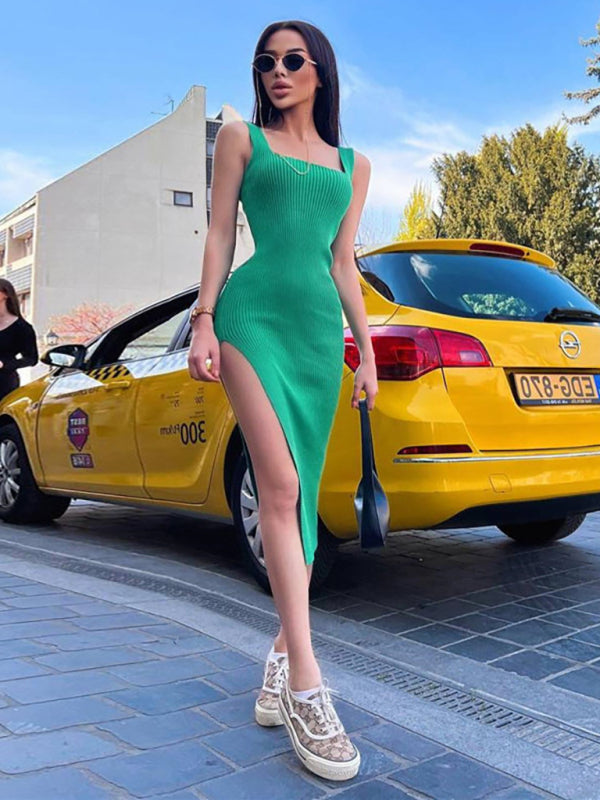 Women’s Square Neckline Ribbed Bodycon Sleeveless Mini Dress