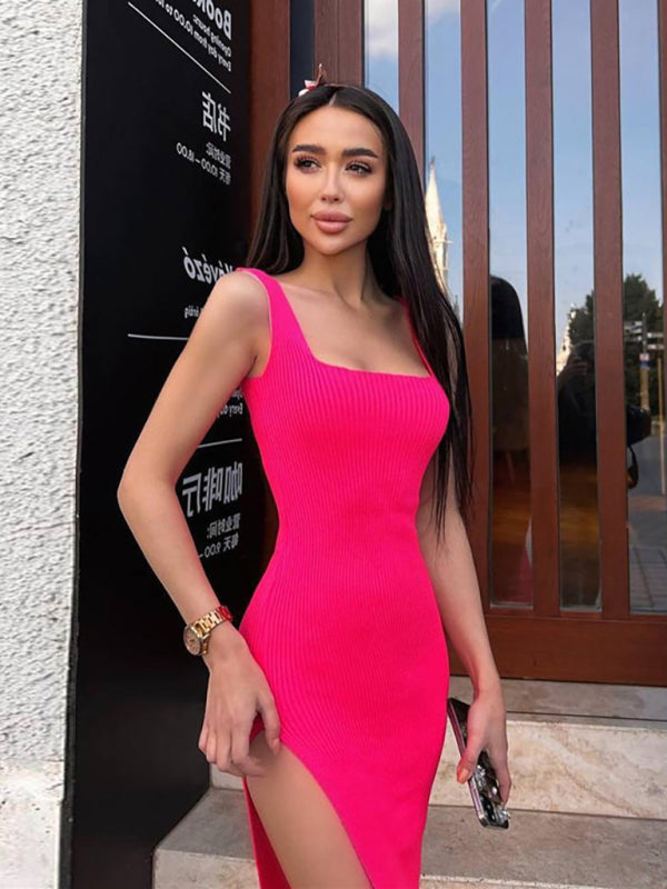 Women’s Square Neckline Ribbed Bodycon Sleeveless Mini Dress