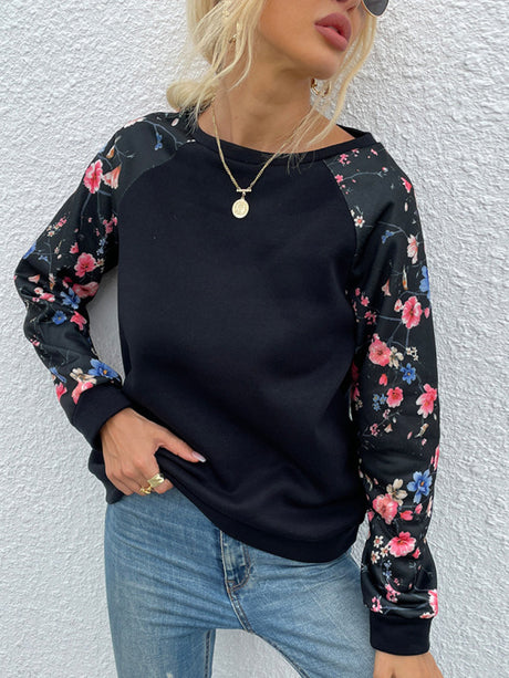 Women's Round Neck Pullover Floral Long Sleeve Panel Casual Sweatshirt