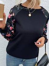 Women's Round Neck Pullover Floral Long Sleeve Panel Casual Sweatshirt