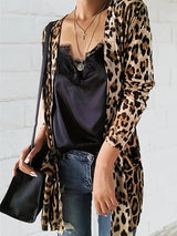 Women's Long Sleeve Leopard Print Cardigan Mid Length Coat