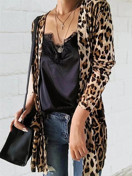 Women's Long Sleeve Leopard Print Cardigan Mid Length Coat