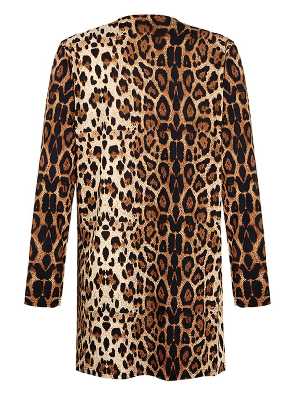 Women's Long Sleeve Leopard Print Cardigan Mid Length Coat