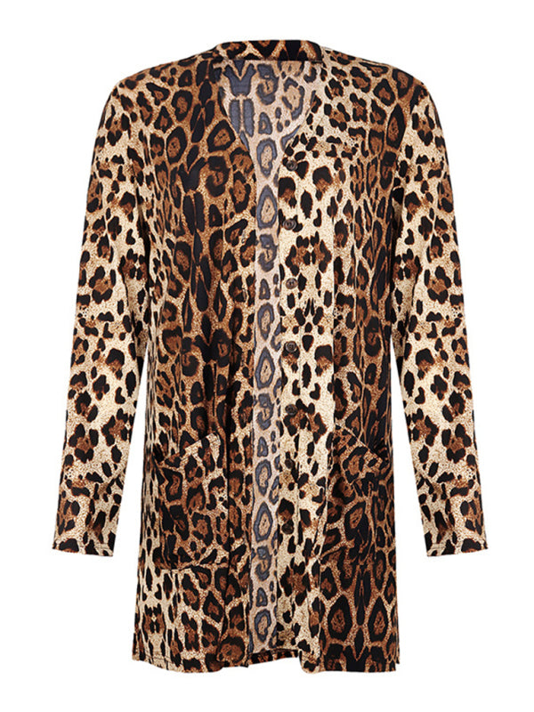 Women's Long Sleeve Leopard Print Cardigan Mid Length Coat