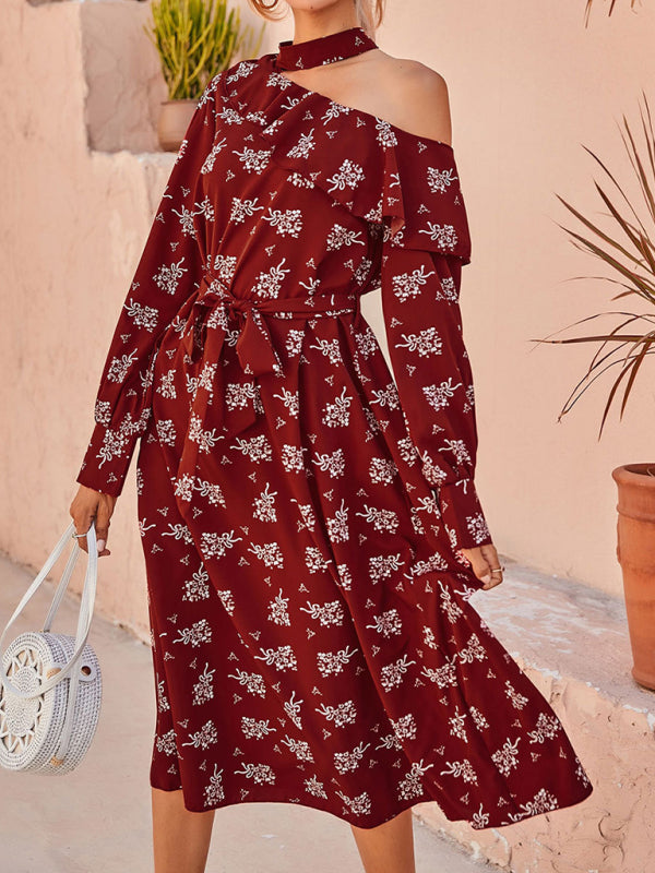 Women's Floral Off Shoulder Bohemia Red Maxi Dress