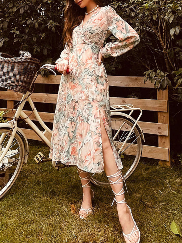 Women's Autumn Winter Long Sleeve V Neck Floral Dress