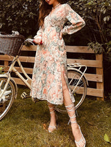 Women's Autumn Winter Long Sleeve V Neck Floral Dress