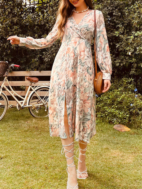 Women's Autumn Winter Long Sleeve V Neck Floral Dress